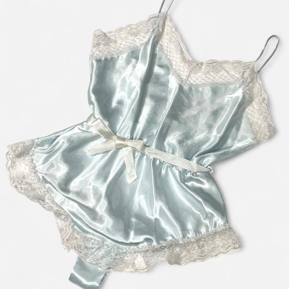 Vintage 80s Satin Teddy, Pastel Blue Body Suit, Size X Small